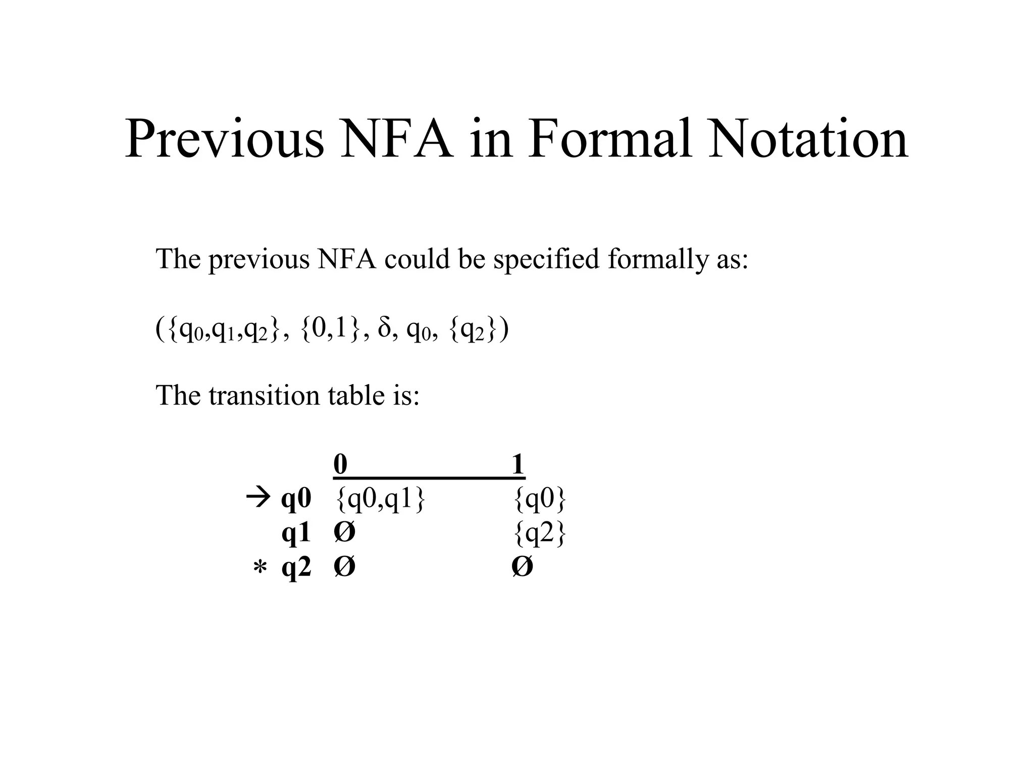 Previous NFA in Formal Notation
The previous NFA could be specified formally as:
({q0,q1,q2}, {0,1}, δ, q0, {q2})
The transition table is:
0
 q0 {q0,q1}
q1 Ø
* q2 Ø

1
{q0}
{q2}
Ø

 