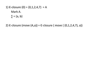 1) Є-closure (0) = {0,1,2,4,7} = A
Mark A.
∑ = {a, b}
2) Є-closure (move (A,a)) = Є-closure ( move ( {0,1,2,4,7}, a))
 