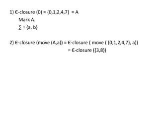 1) Є-closure (0) = {0,1,2,4,7} = A
Mark A.
∑ = {a, b}
2) Є-closure (move (A,a)) = Є-closure ( move ( {0,1,2,4,7}, a))
= Є-closure ({3,8})
 