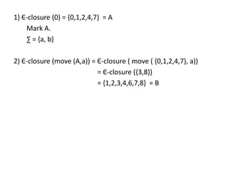 1) Є-closure (0) = {0,1,2,4,7} = A
Mark A.
∑ = {a, b}
2) Є-closure (move (A,a)) = Є-closure ( move ( {0,1,2,4,7}, a))
= Є-closure ({3,8})
= {1,2,3,4,6,7,8} = B
 