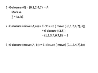 1) Є-closure (0) = {0,1,2,4,7} = A
Mark A.
∑ = {a, b}
2) Є-closure (move (A,a)) = Є-closure ( move ( {0,1,2,4,7}, a))
= Є-closure ({3,8})
= {1,2,3,4,6,7,8} = B
3) Є-closure (move (A, b)) = Є-closure ( move( {0,1,2,4,7},b))
 