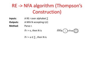 RE -> NFA algorithm (Thompson’s
Construction)
Inputs: A RE r over alphabet ∑
Outputs: A NFA N accepting L(r)
Method: Parse r.
If r = ε, then N is
If r = a ∈ ∑ , then N is
 