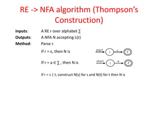 RE -> NFA algorithm (Thompson’s
Construction)
Inputs: A RE r over alphabet ∑
Outputs: A NFA N accepting L(r)
Method: Parse r.
If r = ε, then N is
If r = a ∈ ∑ , then N is
If r = s | t, construct N(s) for s and N(t) for t then N is
 