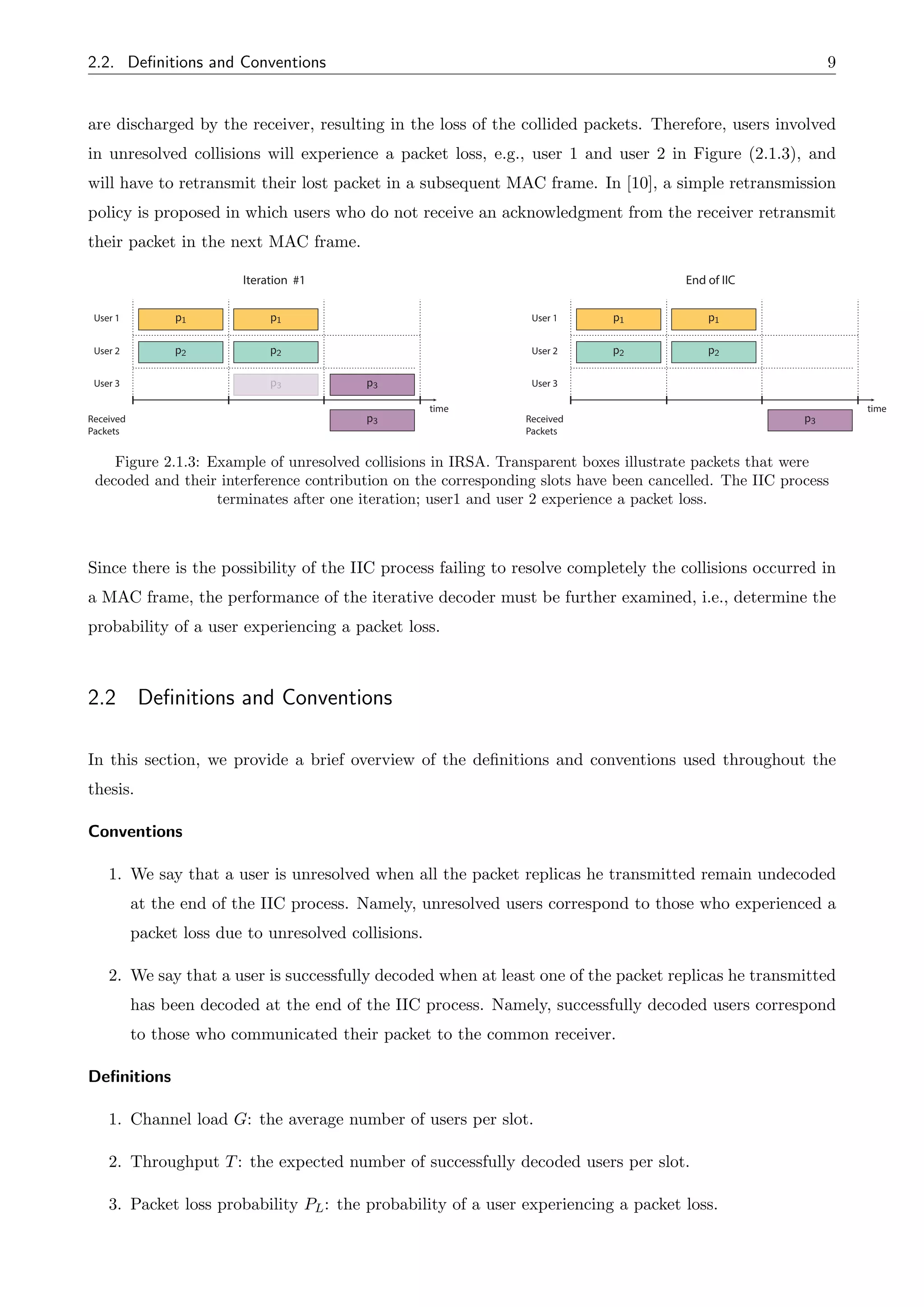 2.2. Definitions and Conventions 9
are discharged by the receiver, resulting in the loss of the collided packets. Therefore, users involved
in unresolved collisions will experience a packet loss, e.g., user 1 and user 2 in Figure (2.1.3), and
will have to retransmit their lost packet in a subsequent MAC frame. In [10], a simple retransmission
policy is proposed in which users who do not receive an acknowledgment from the receiver retransmit
their packet in the next MAC frame.
Iteration #1
time
User 1
User 2
User 3 p3
Received
Packets
p1
p2 p2
p3
time
User 1
User 2
User 3
p1
p2 p2
p3 Received
Packets
p3
End of IIC
p1 p1
Figure 2.1.3: Example of unresolved collisions in IRSA. Transparent boxes illustrate packets that were
decoded and their interference contribution on the corresponding slots have been cancelled. The IIC process
terminates after one iteration; user1 and user 2 experience a packet loss.
Since there is the possibility of the IIC process failing to resolve completely the collisions occurred in
a MAC frame, the performance of the iterative decoder must be further examined, i.e., determine the
probability of a user experiencing a packet loss.
2.2 Definitions and Conventions
In this section, we provide a brief overview of the definitions and conventions used throughout the
thesis.
Conventions
1. We say that a user is unresolved when all the packet replicas he transmitted remain undecoded
at the end of the IIC process. Namely, unresolved users correspond to those who experienced a
packet loss due to unresolved collisions.
2. We say that a user is successfully decoded when at least one of the packet replicas he transmitted
has been decoded at the end of the IIC process. Namely, successfully decoded users correspond
to those who communicated their packet to the common receiver.
Definitions
1. Channel load G: the average number of users per slot.
2. Throughput T: the expected number of successfully decoded users per slot.
3. Packet loss probability PL: the probability of a user experiencing a packet loss.
 