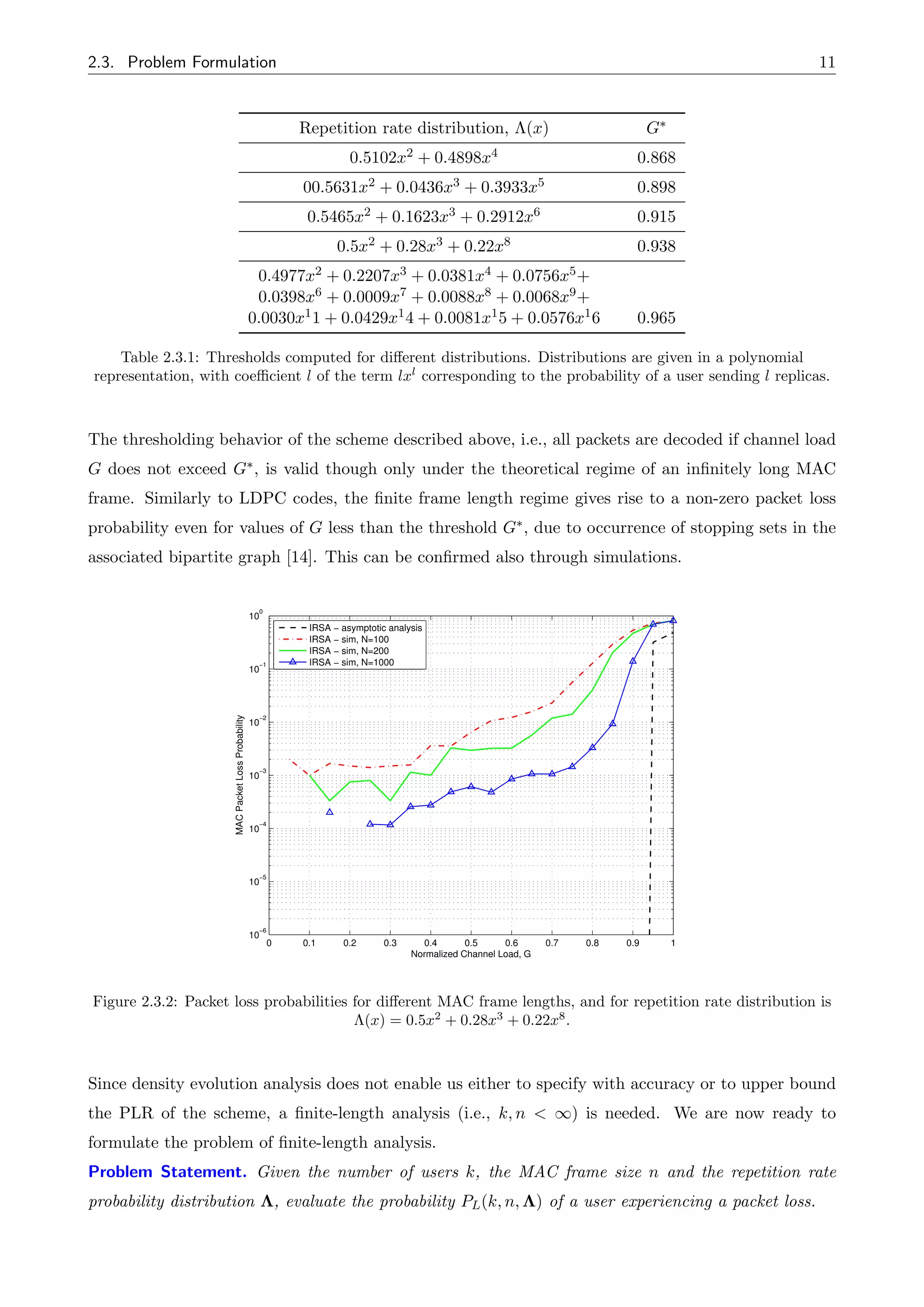 2.3. Problem Formulation 11
Repetition rate distribution, ⇤(x) G⇤
0.5102x2 + 0.4898x4 0.868
00.5631x2 + 0.0436x3 + 0.3933x5 0.898
0.5465x2 + 0.1623x3 + 0.2912x6 0.915
0.5x2 + 0.28x3 + 0.22x8 0.938
0.4977x2 + 0.2207x3 + 0.0381x4 + 0.0756x5+
0.0398x6 + 0.0009x7 + 0.0088x8 + 0.0068x9+
0.0030x11 + 0.0429x14 + 0.0081x15 + 0.0576x16 0.965
Table 2.3.1: Thresholds computed for di↵erent distributions. Distributions are given in a polynomial
representation, with coefficient l of the term lxl
corresponding to the probability of a user sending l replicas.
The thresholding behavior of the scheme described above, i.e., all packets are decoded if channel load
G does not exceed G⇤, is valid though only under the theoretical regime of an infinitely long MAC
frame. Similarly to LDPC codes, the finite frame length regime gives rise to a non-zero packet loss
probability even for values of G less than the threshold G⇤, due to occurrence of stopping sets in the
associated bipartite graph [14]. This can be confirmed also through simulations.
0 0.1 0.2 0.3 0.4 0.5 0.6 0.7 0.8 0.9 1
10
−6
10
−5
10
−4
10
−3
10
−2
10
−1
10
0
Normalized Channel Load, G
MAC
Packet
Loss
Probability
IRSA − asymptotic analysis
IRSA − sim, N=100
IRSA − sim, N=200
IRSA − sim, N=1000
Figure 2.3.2: Packet loss probabilities for di↵erent MAC frame lengths, and for repetition rate distribution is
⇤(x) = 0.5x2
+ 0.28x3
+ 0.22x8
.
Since density evolution analysis does not enable us either to specify with accuracy or to upper bound
the PLR of the scheme, a finite-length analysis (i.e., k, n < 1) is needed. We are now ready to
formulate the problem of finite-length analysis.
Problem Statement. Given the number of users k, the MAC frame size n and the repetition rate
probability distribution ⇤, evaluate the probability PL(k, n, ⇤) of a user experiencing a packet loss.
 