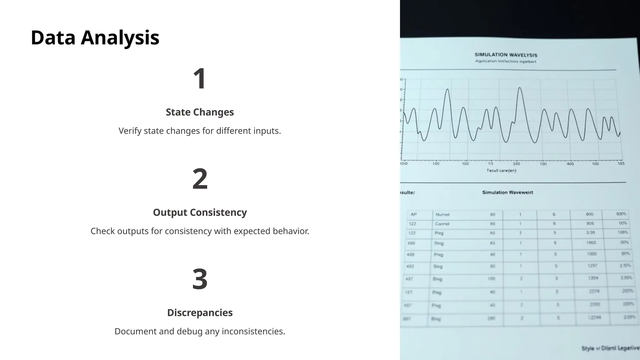 Data Analysis
1
State Changes
Verify state changes for different inputs.
2
Output Consistency
Check outputs for consistency with expected behavior.
3
Discrepancies
Document and debug any inconsistencies.
 