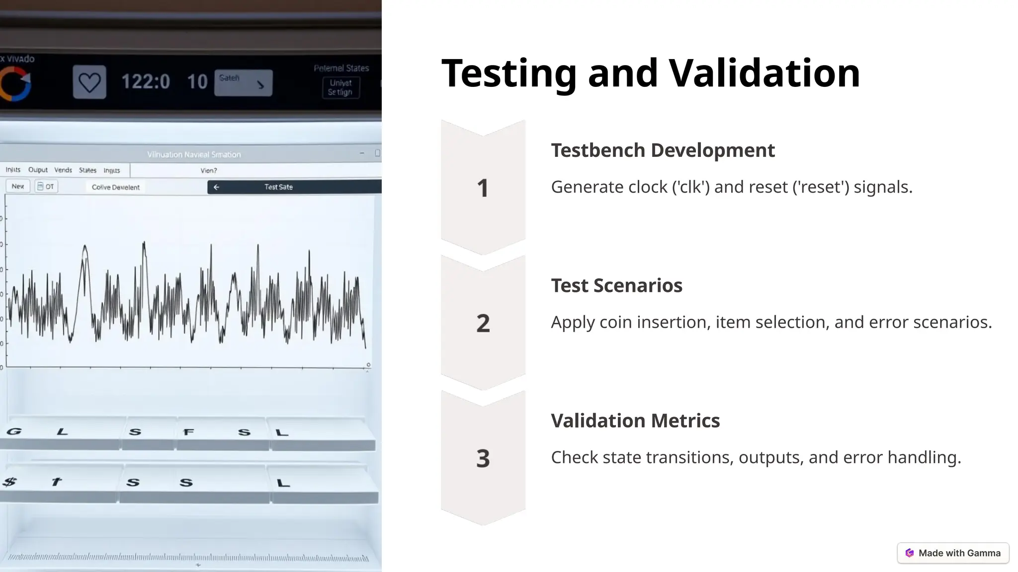 Testing and Validation
Testbench Development
Generate clock ('clk') and reset ('reset') signals.
Test Scenarios
Apply coin insertion, item selection, and error scenarios.
Validation Metrics
Check state transitions, outputs, and error handling.
 