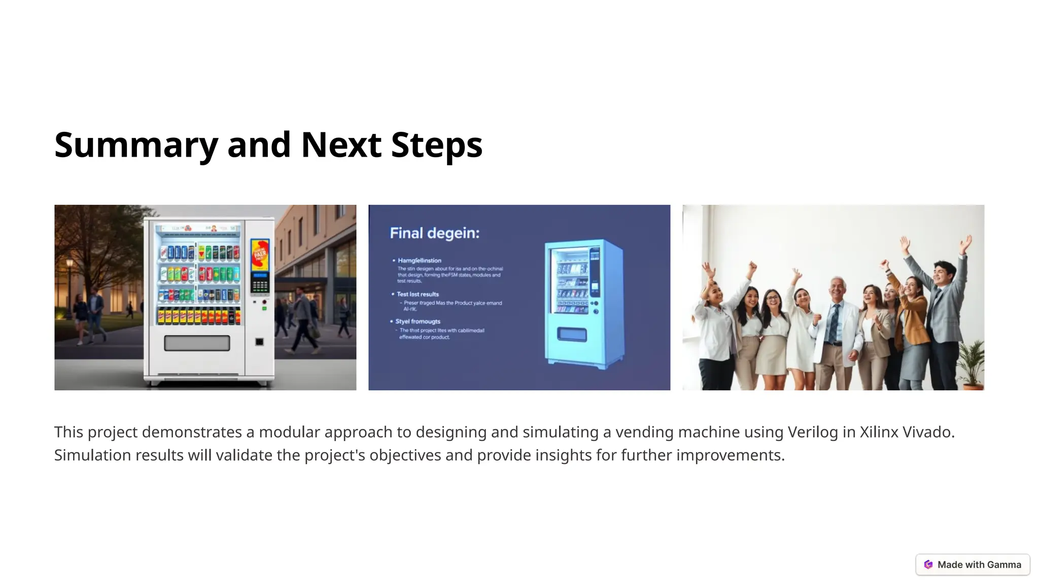 Summary and Next Steps
This project demonstrates a modular approach to designing and simulating a vending machine using Verilog in Xilinx Vivado.
Simulation results will validate the project's objectives and provide insights for further improvements.
 