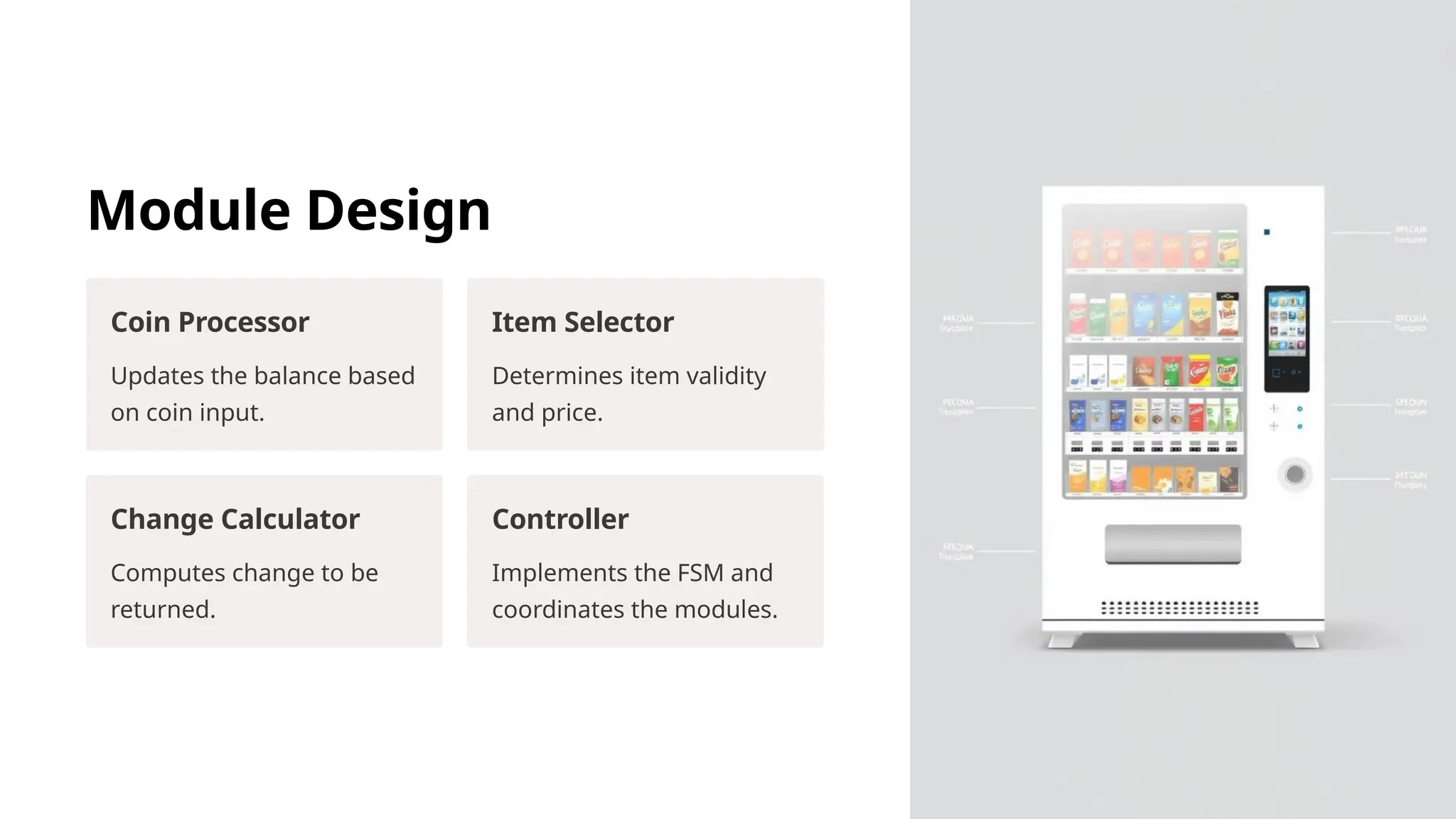 Module Design
Coin Processor
Updates the balance based
on coin input.
Item Selector
Determines item validity
and price.
Change Calculator
Computes change to be
returned.
Controller
Implements the FSM and
coordinates the modules.
 