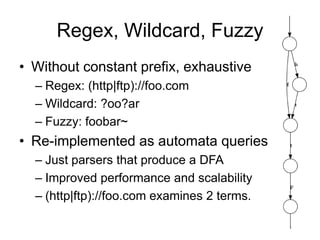 Regex, Wildcard, Fuzzy
• Without constant prefix, exhaustive
  – Regex: (http|ftp)://foo.com
  – Wildcard: ?oo?ar
  – Fuzzy: foobar~
• Re-implemented as automata queries
  – Just parsers that produce a DFA
  – Improved performance and scalability
  – (http|ftp)://foo.com examines 2 terms.
 