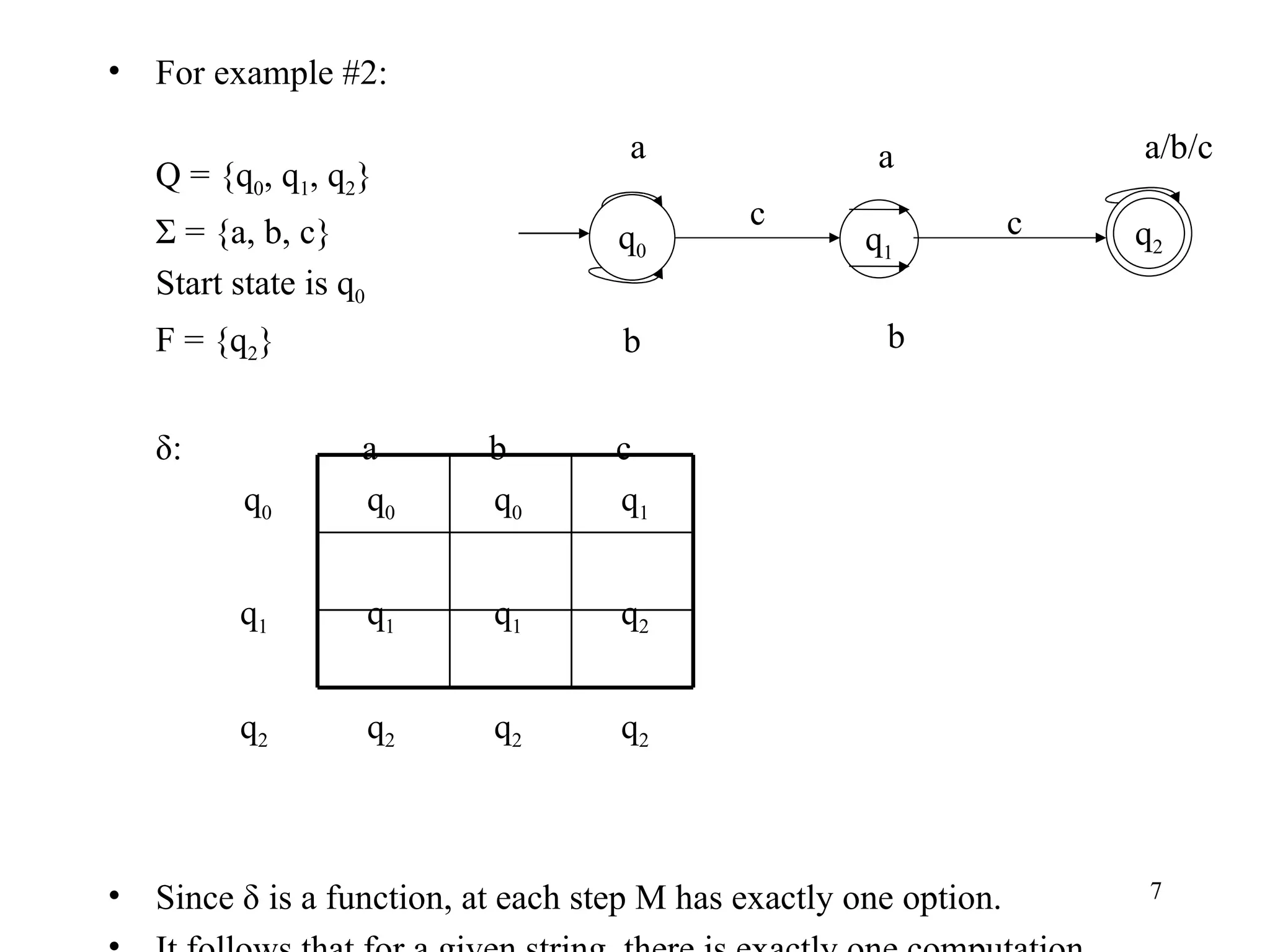 For example #2: Q = {q 0 , q 1 , q 2 } Σ = {a, b, c} Start state is q 0 F = {q 2 } δ: a b c   q 0   q 0    q 0   q 1   q 1    q 1   q 1   q 2   q 2   q 2   q 2   q 2 Since δ is a function, at each step M has exactly one option. It follows that for a given string, there is exactly one computation. q 1 q 0 q 2 a b a b c c a/b/c 
