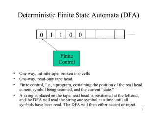 Deterministic Finite State Automata (DFA) ,[object Object],[object Object],[object Object],[object Object],[object Object],Finite Control 0 1 1 0 0 