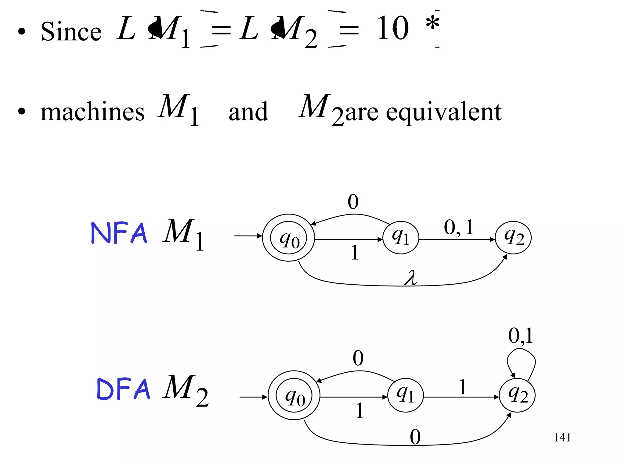 • Since   L M1    L M2           10 *

• machines   M1   and    M 2are equivalent

                             0
     NFA     M1         q0        q1    0, 1   q2
                             1


                                               0,1
                             0
      DFA    M2         q0        q1     1     q2
                             1
                                   0                 141
 