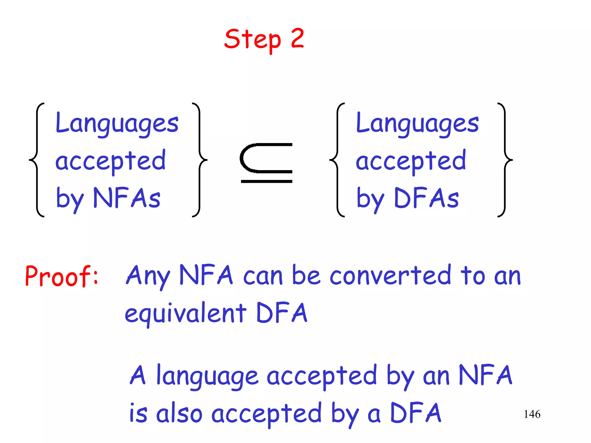 Step 2


  Languages             Languages
  accepted              accepted
  by NFAs               by DFAs

Proof: Any NFA can be converted to an
       equivalent DFA

       A language accepted by an NFA
       is also accepted by a DFA        146
 