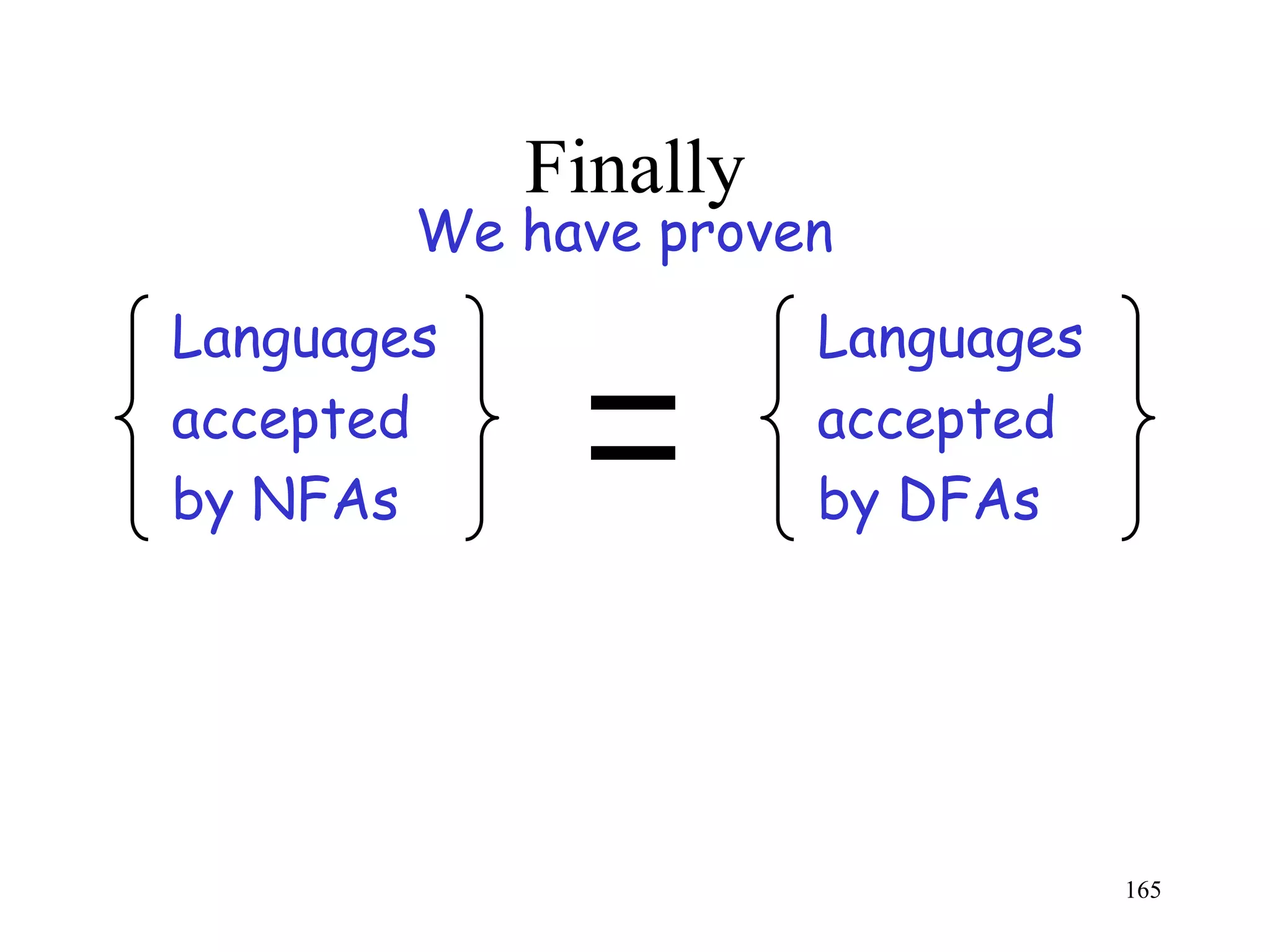 Finally
        We have proven
Languages             Languages
accepted              accepted
by NFAs               by DFAs




                                  165
 
