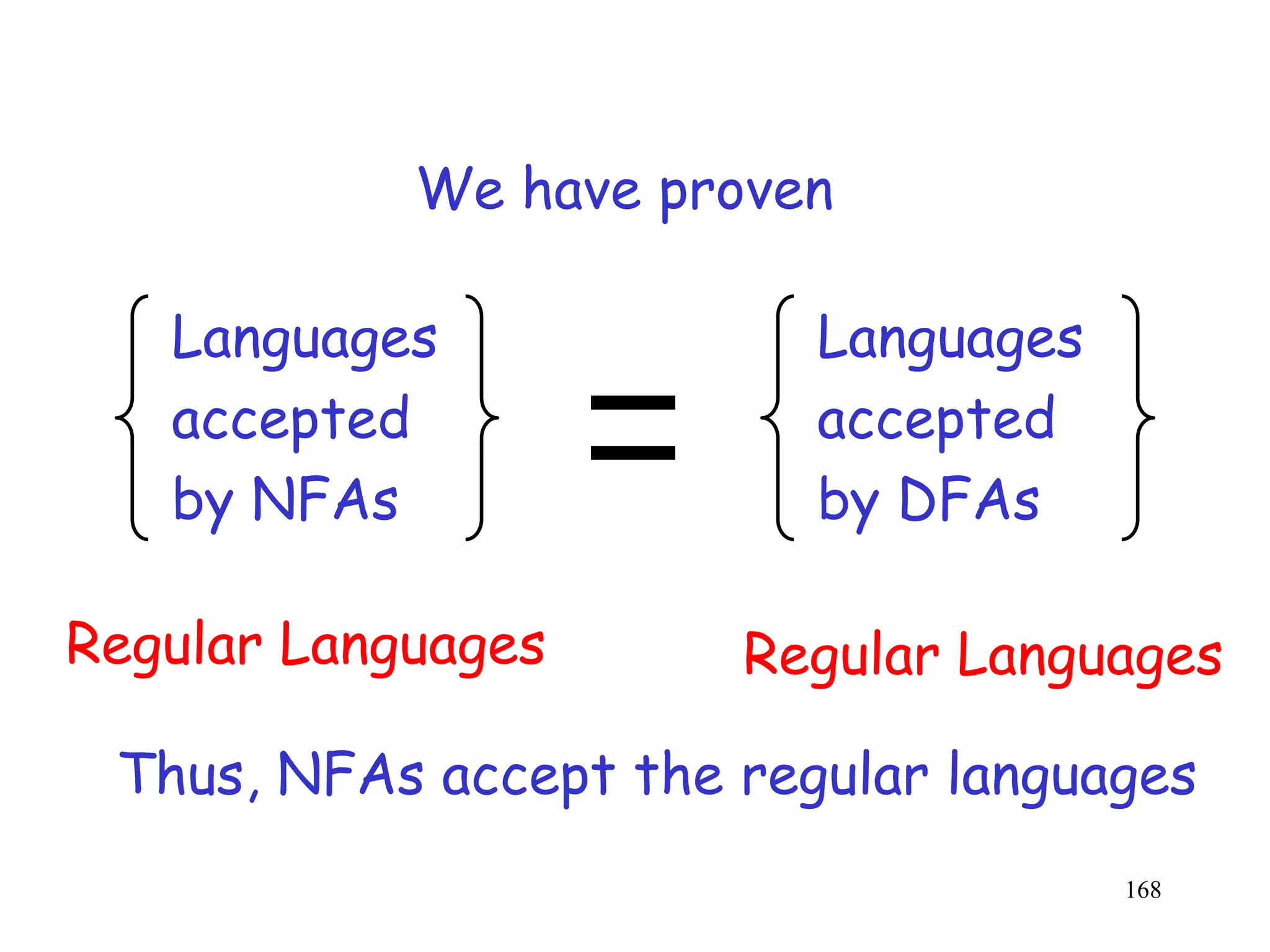 We have proven

   Languages              Languages
   accepted               accepted
   by NFAs                by DFAs

Regular Languages      Regular Languages

 Thus, NFAs accept the regular languages
                                      168
 