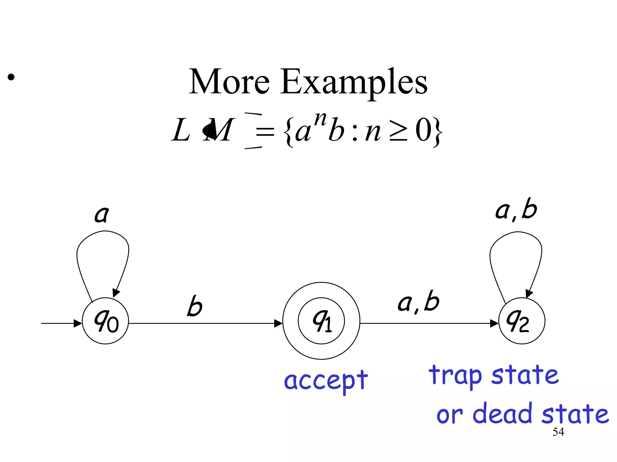 •        More Examples
                n
         LM   {a b : n 0}

    a                         a,b


    q0   b             a,b
                q1            q2

              accept     trap state
                          or dead state
                                   54
 