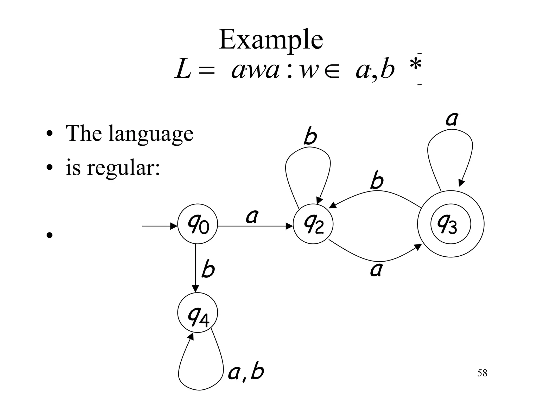 Example
            L awa : w           a, b *
                                         a
• The language             b
• is regular:
                                 b
             q0       a    q2            q3
•
                 b               a
             q4

                     a,b                      58
 