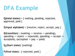 DFA Example
Q(total states) = { waiting, pending, rejected,
approved, paid }
Σ(input alphabet) = {receive, reject, accept, pay }
δ(transition) : (waiting -> receive -> pending),
(pending -> reject -> rejected), (pending -> accept ->
accepted), (accepted -> pay -> paid)
Q0(Start state): {waiting}
F(final state) : { rejected, paid }
 