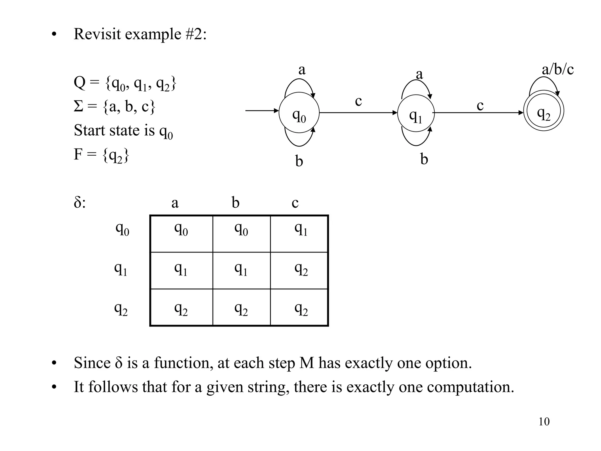 10
• Revisit example #2:
Q = {q0, q1, q2}
Σ = {a, b, c}
Start state is q0
F = {q2}
δ: a b c
q0 q0 q0 q1
q1 q1 q1 q2
q2 q2 q2 q2
• Since δ is a function, at each step M has exactly one option.
• It follows that for a given string, there is exactly one computation.
q1
q0
q2
a
b
a
b
c c
a/b/c
 