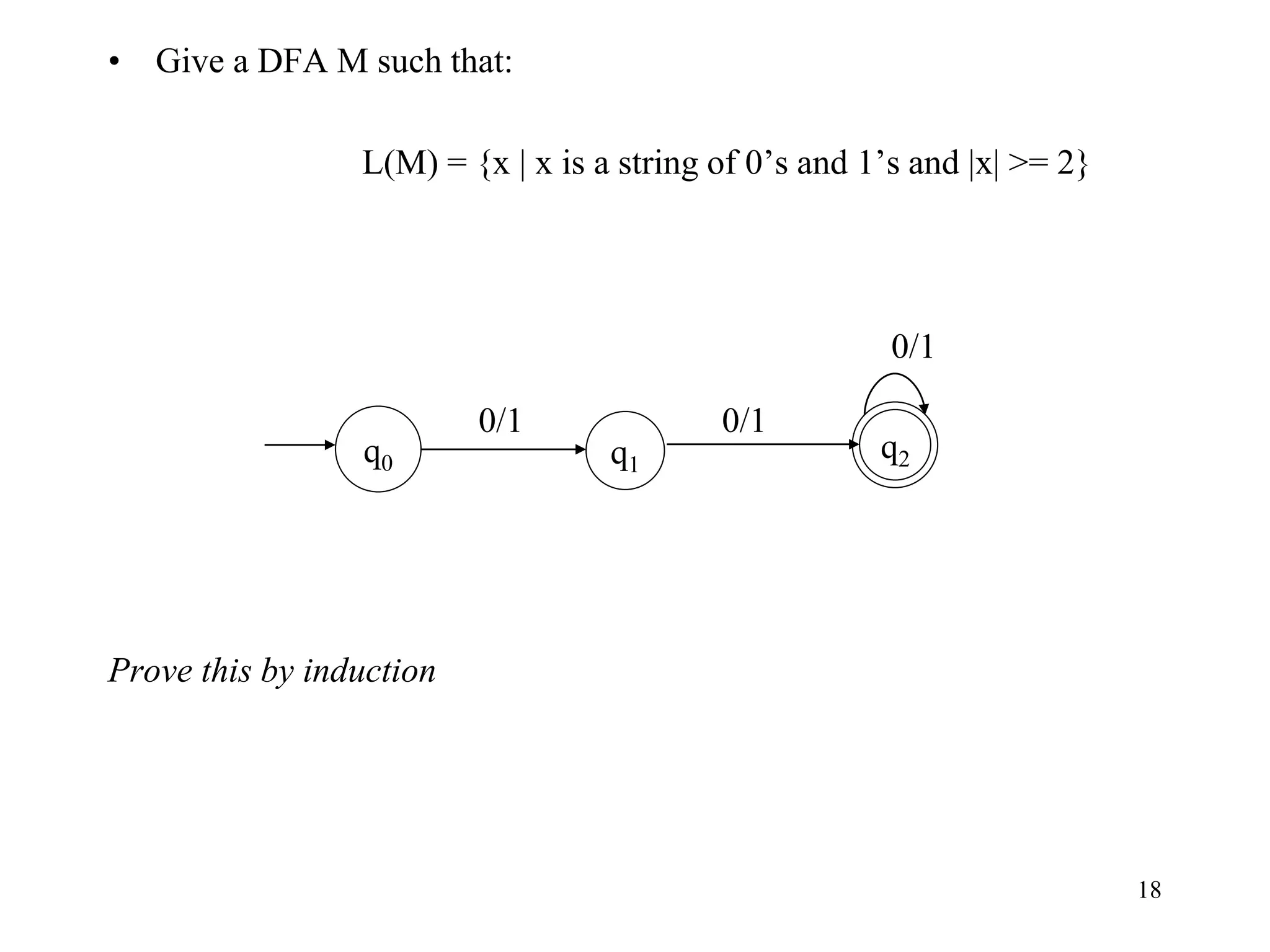 18
• Give a DFA M such that:
L(M) = {x | x is a string of 0’s and 1’s and |x| >= 2}
Prove this by induction
q1
q0
q2
0/1
0/1
0/1
 