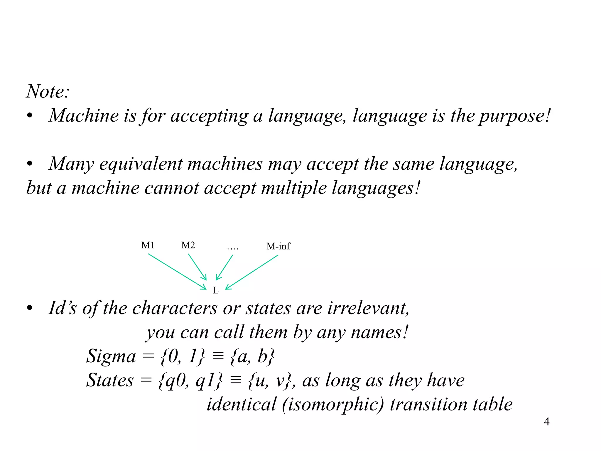 4
Note:
• Machine is for accepting a language, language is the purpose!
• Many equivalent machines may accept the same language,
but a machine cannot accept multiple languages!
• Id’s of the characters or states are irrelevant,
you can call them by any names!
Sigma = {0, 1} ≡ {a, b}
States = {q0, q1} ≡ {u, v}, as long as they have
identical (isomorphic) transition table
M1 M2 …. M-inf
L
 