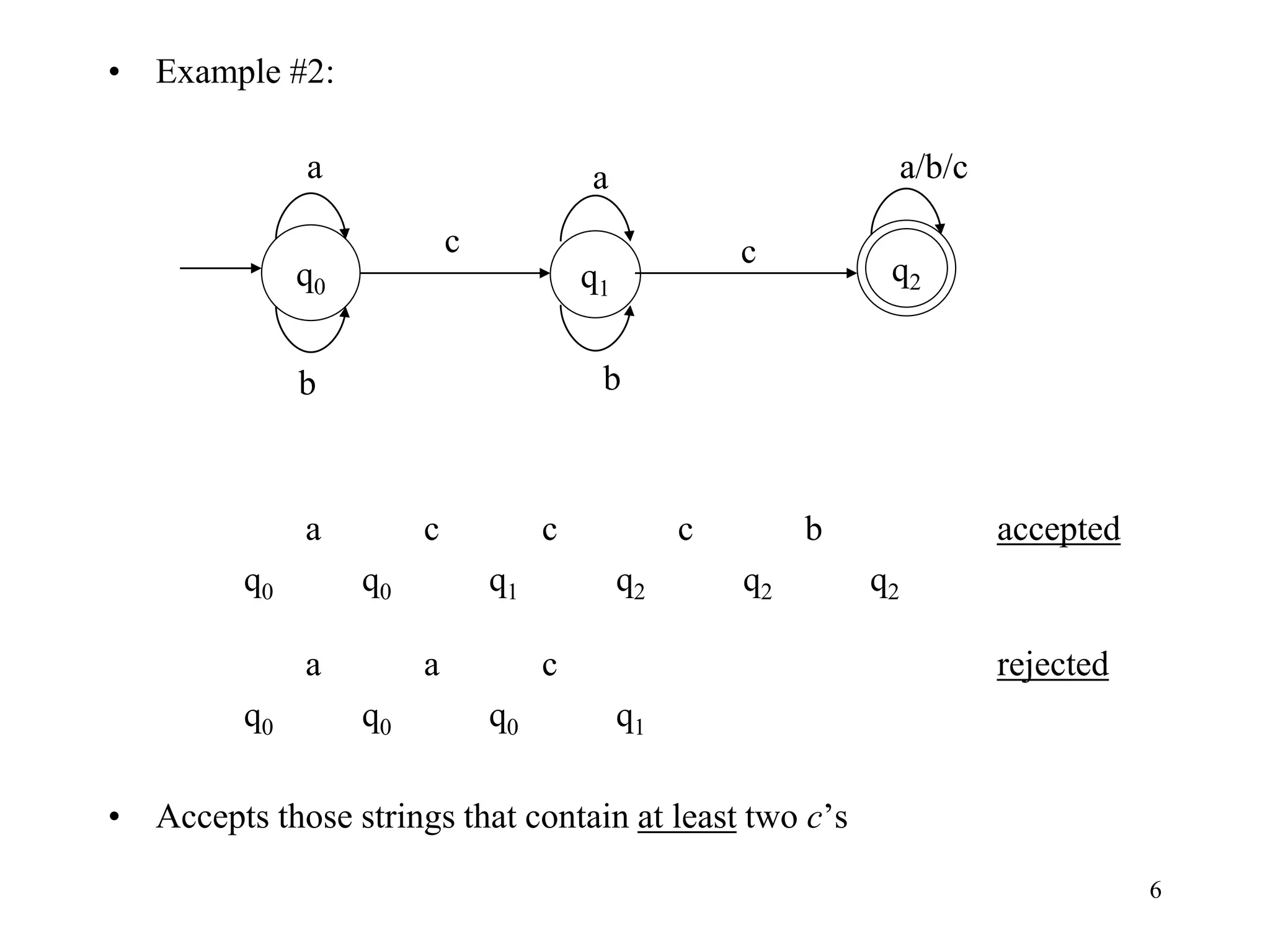 6
• Example #2:
a c c c b accepted
q0 q0 q1 q2 q2 q2
a a c rejected
q0 q0 q0 q1
• Accepts those strings that contain at least two c’s
q1
q0
q2
a
b
a
b
c c
a/b/c
 