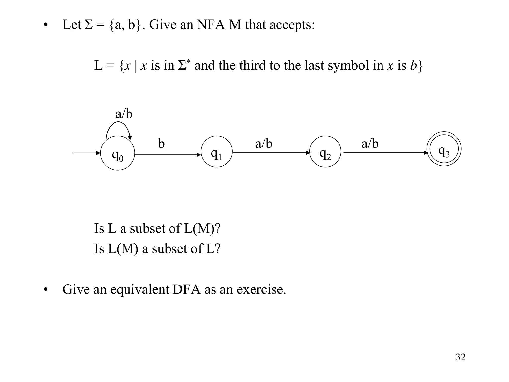 32
• Let Σ = {a, b}. Give an NFA M that accepts:
L = {x | x is in Σ* and the third to the last symbol in x is b}
Is L a subset of L(M)?
Is L(M) a subset of L?
• Give an equivalent DFA as an exercise.
q1
q0
b q3
a/b
a/b
q2
a/b
 