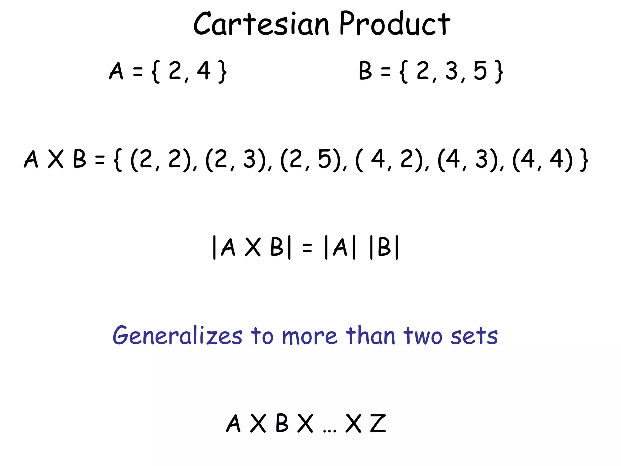 Cartesian Product
        A = { 2, 4 }              B = { 2, 3, 5 }


A X B = { (2, 2), (2, 3), (2, 5), ( 4, 2), (4, 3), (4, 4) }


                   |A X B| = |A| |B|


         Generalizes to more than two sets


                     AXBX…XZ
 