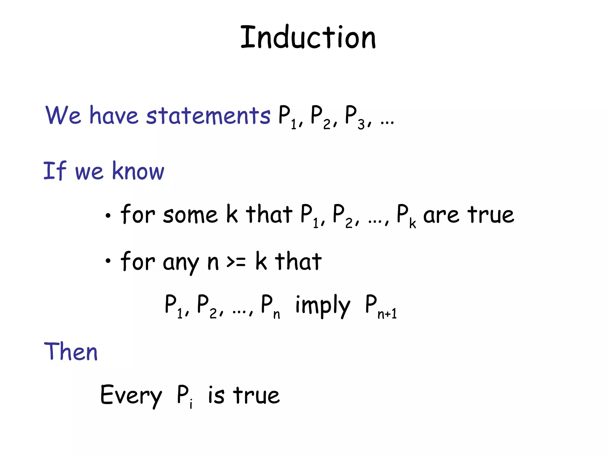 Induction

We have statements P1, P2, P3, …

If we know
       • for some k that P1, P2, …, Pk are true
       • for any n >= k that
            P1, P2, …, Pn imply Pn+1
Then
       Every Pi is true
 