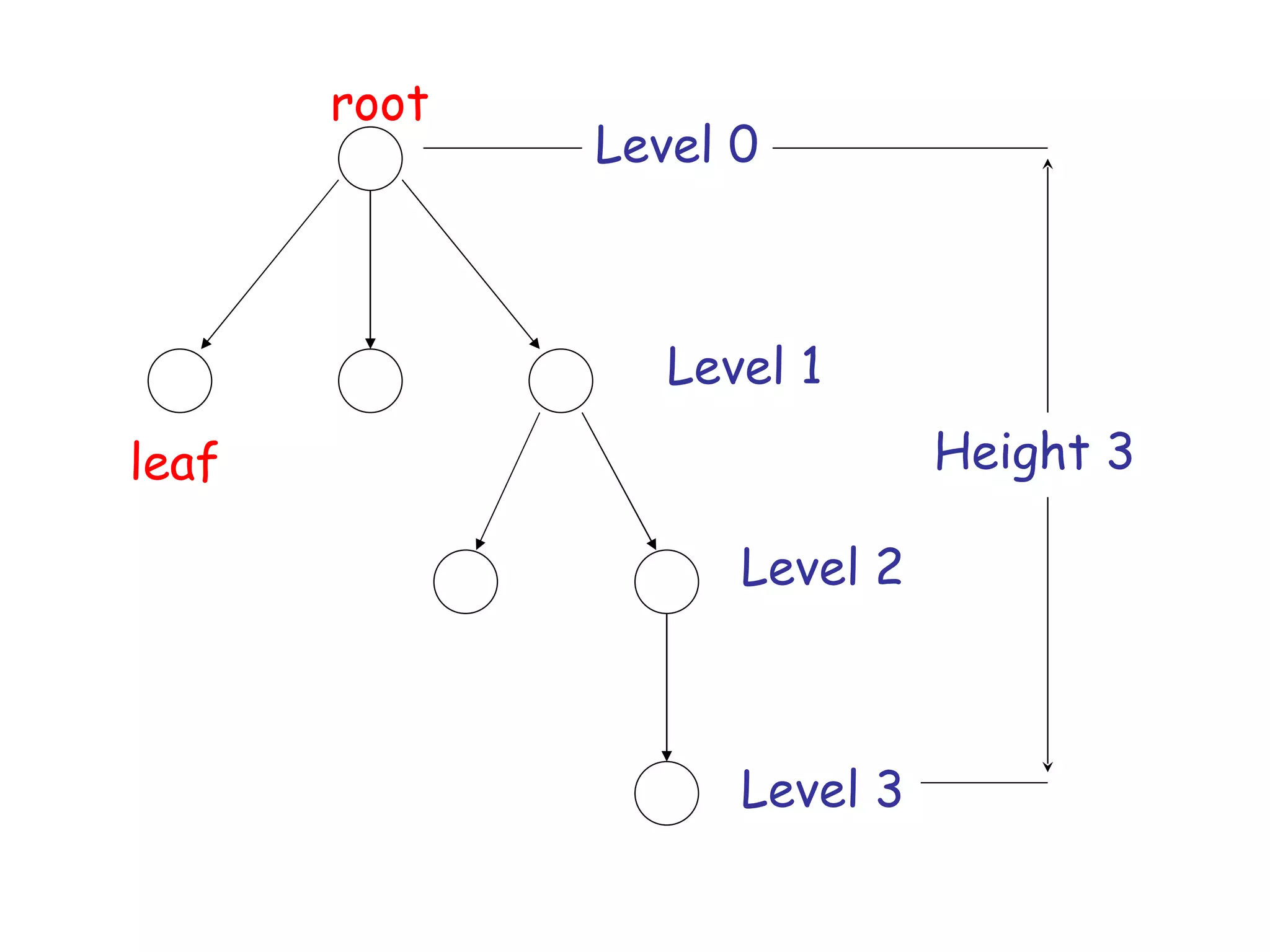 root
              Level 0



                 Level 1
leaf                          Height 3

                    Level 2



                    Level 3
 