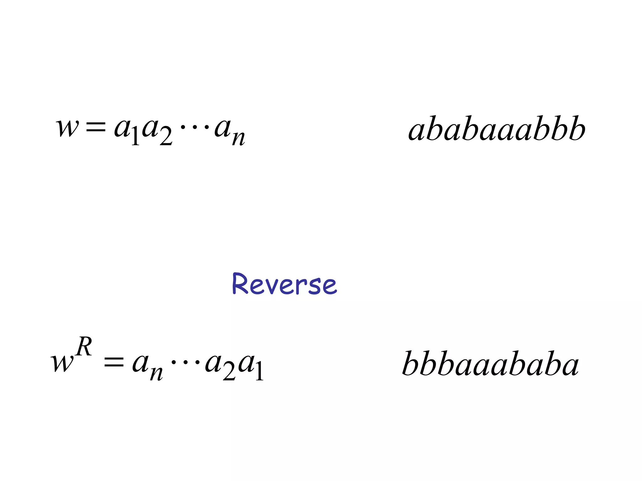 w = a1a2  an        ababaaabbb



           Reverse

 R
w = an  a2 a1       bbbaaababa
 