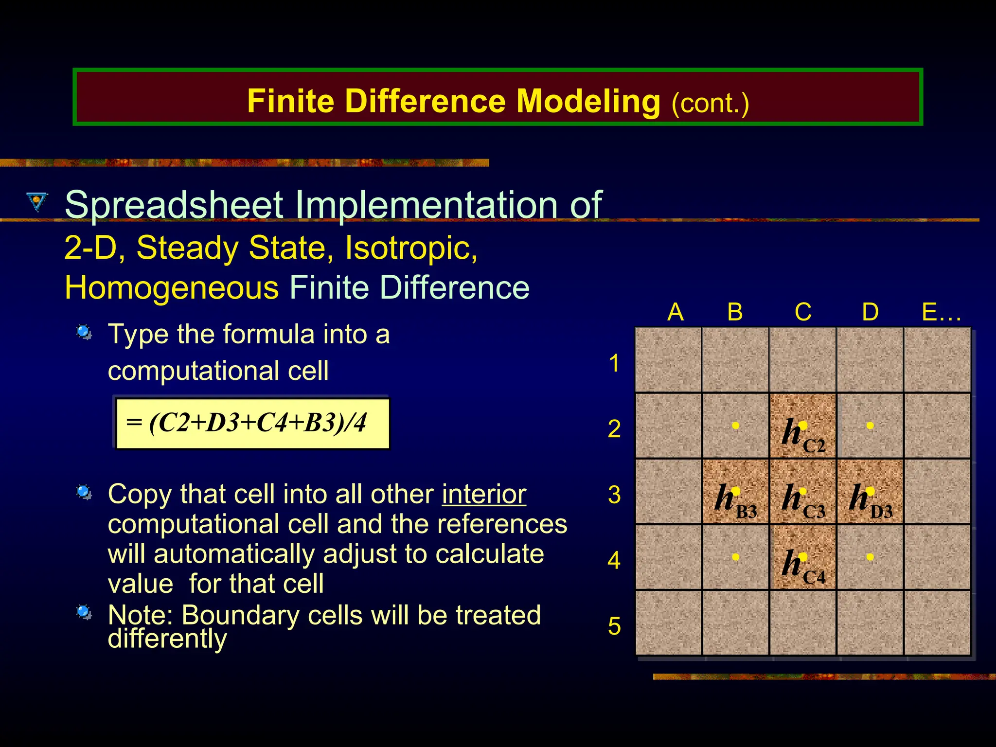 Finite Difference Modeling (cont.)
Spreadsheet Implementation of
2-D, Steady State, Isotropic,
Homogeneous Finite Difference
Type the formula into a
computational cell
Copy that cell into all other interior
computational cell and the references
will automatically adjust to calculate
value for that cell
Note: Boundary cells will be treated
differently
hB3 hC3 hD3
hC4
hC2
A B C D E…
1
2
3
4
5
= (C2+D3+C4+B3)/4
 