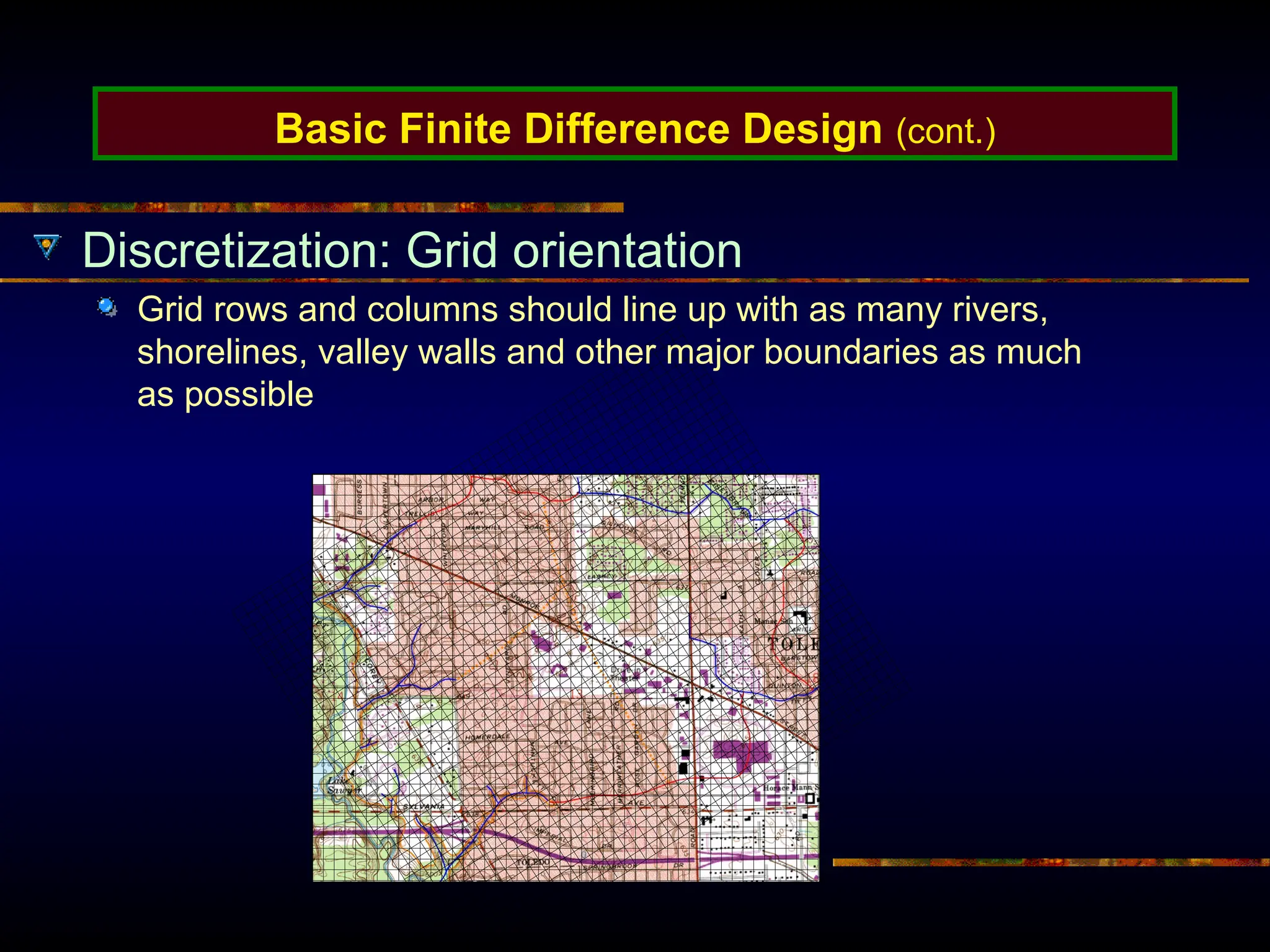 Basic Finite Difference Design (cont.)
Discretization: Grid orientation
Grid rows and columns should line up with as many rivers,
shorelines, valley walls and other major boundaries as much
as possible
 