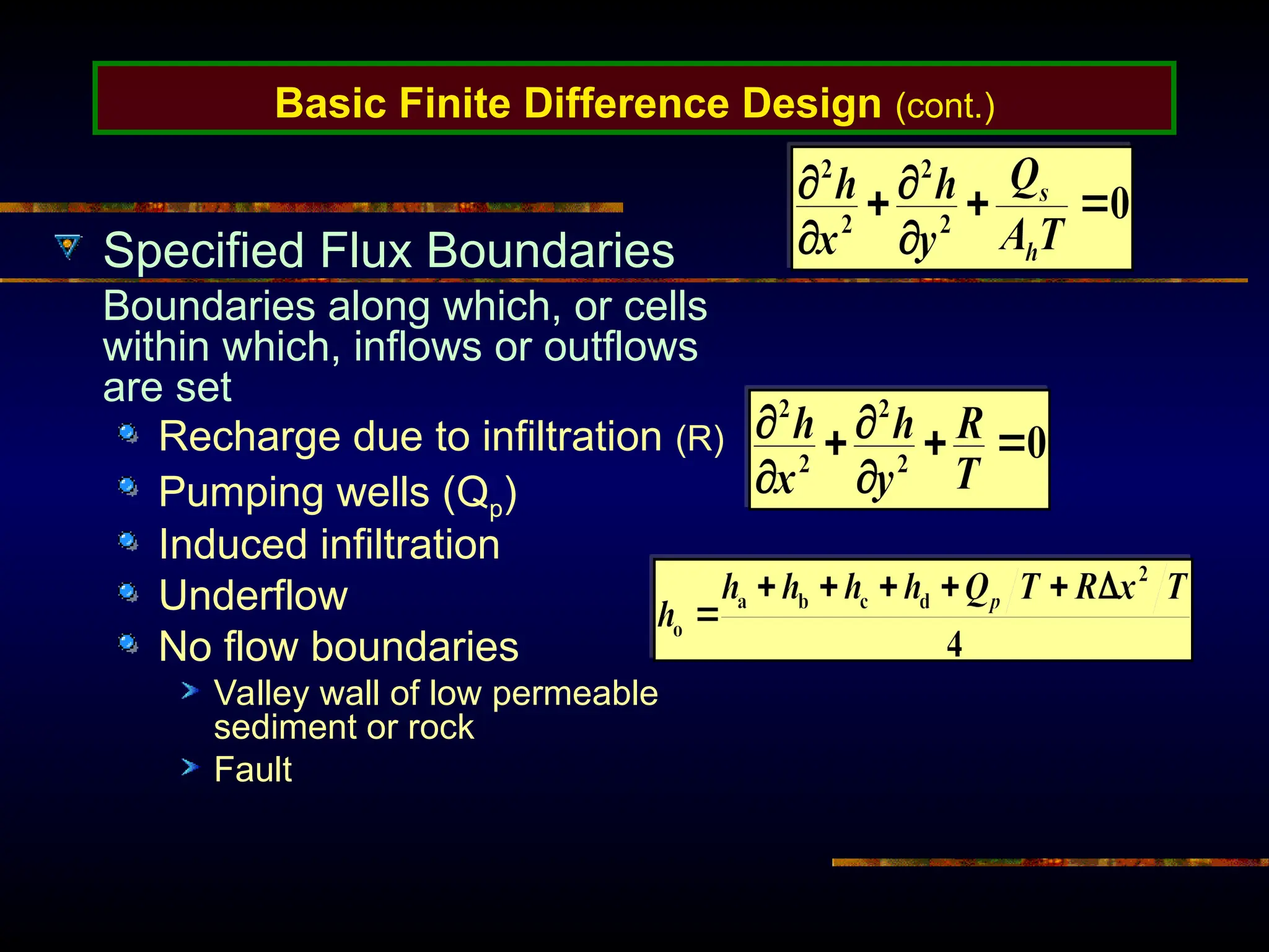 Basic Finite Difference Design (cont.)
Specified Flux Boundaries
Boundaries along which, or cells
within which, inflows or outflows
are set
Recharge due to infiltration (R)
Pumping wells (Qp)
Induced infiltration
Underflow
No flow boundaries
Valley wall of low permeable
sediment or rock
Fault
 