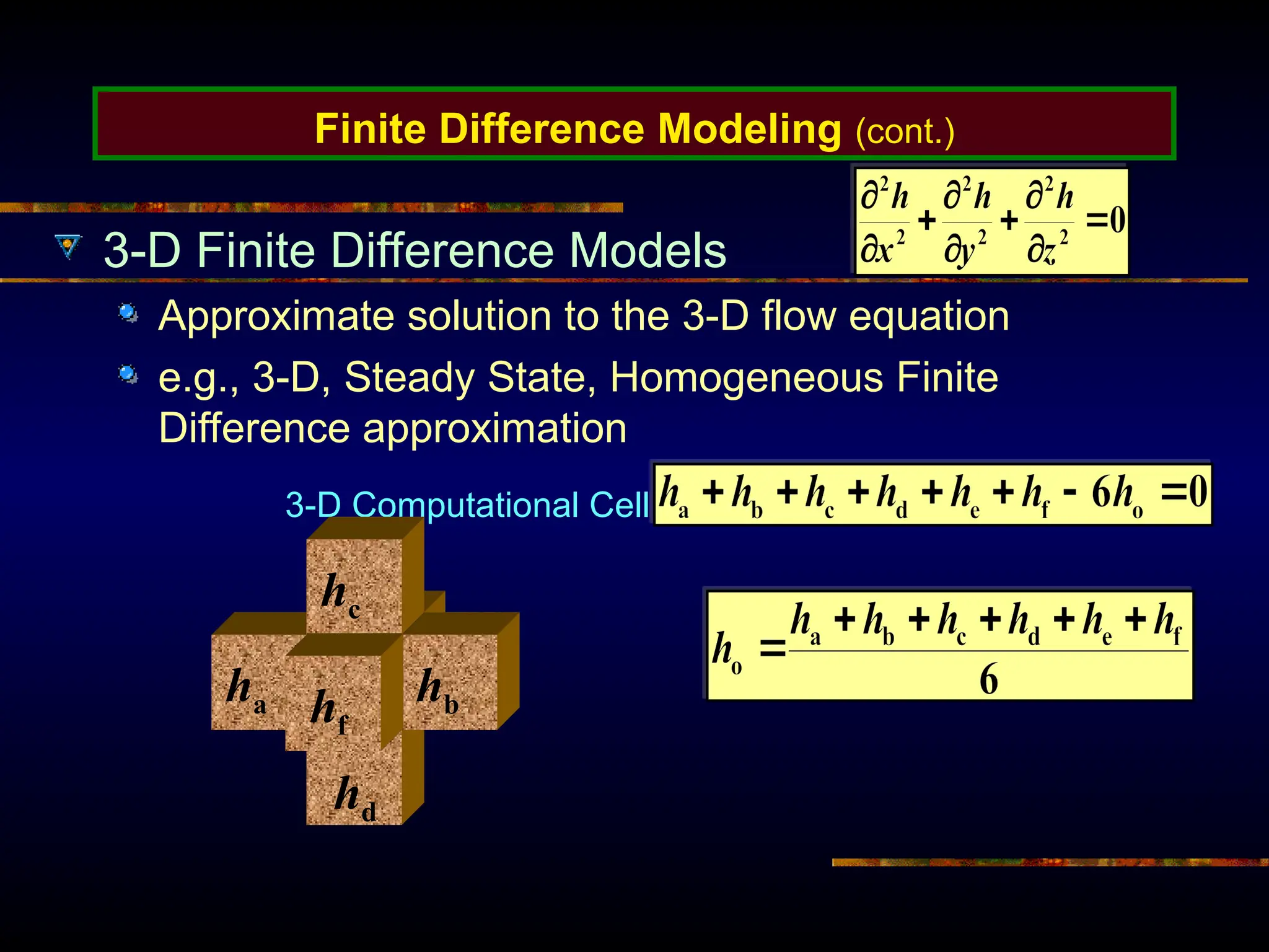 Finite Difference Modeling (cont.)
3-D Finite Difference Models
Approximate solution to the 3-D flow equation
e.g., 3-D, Steady State, Homogeneous Finite
Difference approximation
3-D Computational Cell
ha ho hb
hd
hc
hf
 