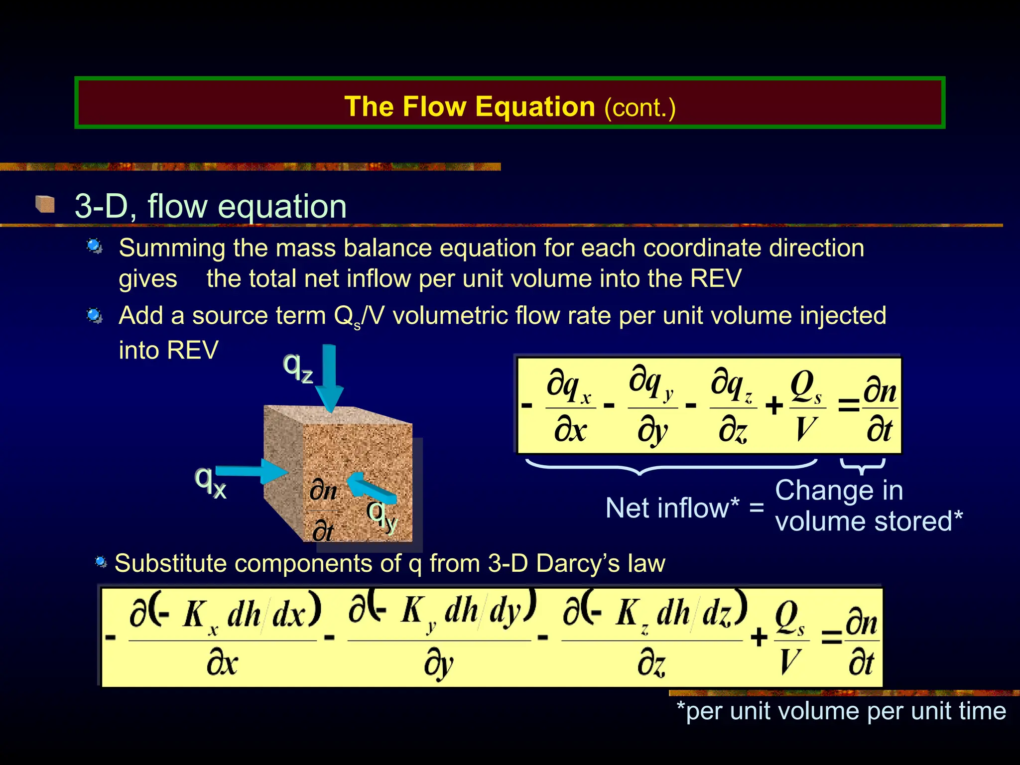 The Flow Equation (cont.)
3-D, flow equation
Summing the mass balance equation for each coordinate direction
gives the total net inflow per unit volume into the REV
Add a source term Qs/V volumetric flow rate per unit volume injected
into REV
Net inflow* =
Change in
volume stored*
*per unit volume per unit time
qx
qz
qy
Substitute components of q from 3-D Darcy’s law
 