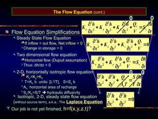 The Flow Equation (cont.)
Flow Equation Simplifications
0
Our job is not yet finished, h=f(x,y,z,t)?
Isotropic, 2-D, steady state flow equation
(without source term), a.k.a.: The Laplace Equation
2-D, horizontally isotropic flow equation
Kx=Ky=Kh
T=Kh b units: [L2
/T], S=Ss b
Ah: horizontal area of recharge
Ss/Kh=S/T  hydraulic diffusivity
Two dimensional flow equation
Horizontal flow (Dupuit assumption)
Thus: dh/dz = 0
Steady State Flow Equation
If inflow = out flow, Net inflow = 0
Change in storage = 0
0
0 0
 