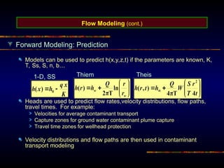 Flow Modeling (cont.)
Forward Modeling: Prediction
Models can be used to predict h(x,y,z,t) if the parameters are known, K,
T, Ss, S, n, b…
Heads are used to predict flow rates,velocity distributions, flow paths,
travel times. For example:
Velocities for average contaminant transport
Capture zones for ground water contaminant plume capture
Travel time zones for wellhead protection
Velocity distributions and flow paths are then used in contaminant
transport modeling
1-D, SS Thiem Theis
 