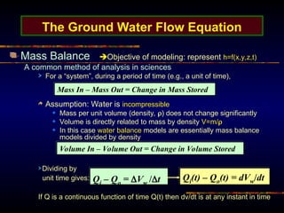 The Ground Water Flow Equation
Mass Balance Objective of modeling: represent h=f(x,y,z,t)
A common method of analysis in sciences
For a “system”, during a period of time (e.g., a unit of time),
Assumption: Water is incompressible
Mass per unit volume (density, ) does not change significantly
Volume is directly related to mass by density V=m/
In this case water balance models are essentially mass balance
models divided by density
Mass In – Mass Out = Change in Mass Stored
Volume In – Volume Out = Change in Volume Stored
Qi – Qo = Vw /t
Dividing by
unit time gives:
If Q is a continuous function of time Q(t) then dv/dt is at any instant in time
Qi(t) – Qo(t) = dVw/dt
 