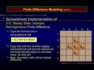 Finite Difference Modeling (cont.)
Spreadsheet Implementation of
2-D, Steady State, Isotropic,
Homogeneous Finite Difference
Type the formula into a
computational cell
Copy that cell into all other interior
computational cell and the references
will automatically adjust to calculate
value for that cell
Note: Boundary cells will be treated
differently
hB3 hC3 hD3
hC4
hC2
A B C D E…
1
2
3
4
5
= (C2+D3+C4+B3)/4
 