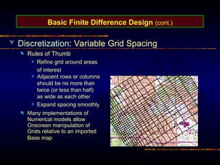 Basic Finite Difference Design (cont.)
Discretization: Variable Grid Spacing
Rules of Thumb
Refine grid around areas
of interest
Adjacent rows or columns
should be no more than
twice (or less than half)
as wide as each other
Expand spacing smoothly
Many implementations of
Numerical models allow
Onscreen manipulation of
Grids relative to an imported
Base map
 