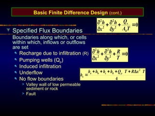 Basic Finite Difference Design (cont.)
Specified Flux Boundaries
Boundaries along which, or cells
within which, inflows or outflows
are set
Recharge due to infiltration (R)
Pumping wells (Qp)
Induced infiltration
Underflow
No flow boundaries
Valley wall of low permeable
sediment or rock
Fault
 