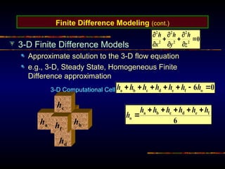 Finite Difference Modeling (cont.)
3-D Finite Difference Models
Approximate solution to the 3-D flow equation
e.g., 3-D, Steady State, Homogeneous Finite
Difference approximation
3-D Computational Cell
ha ho hb
hd
hc
hf
 