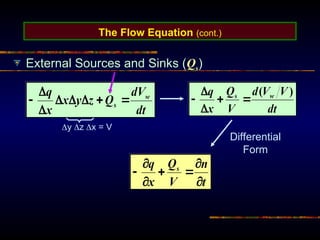 The Flow Equation (cont.)
External Sources and Sinks (Qs)
y z x = V
Differential
Form
 