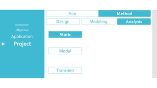Project
Application
Objective
Introduction
Aim Method
Design Modeling Analysis
Transient
Modal
Static
 