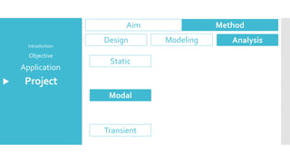 Project
Application
Objective
Introduction
Aim Method
Design Modeling Analysis
Modal
Static
Transient
 