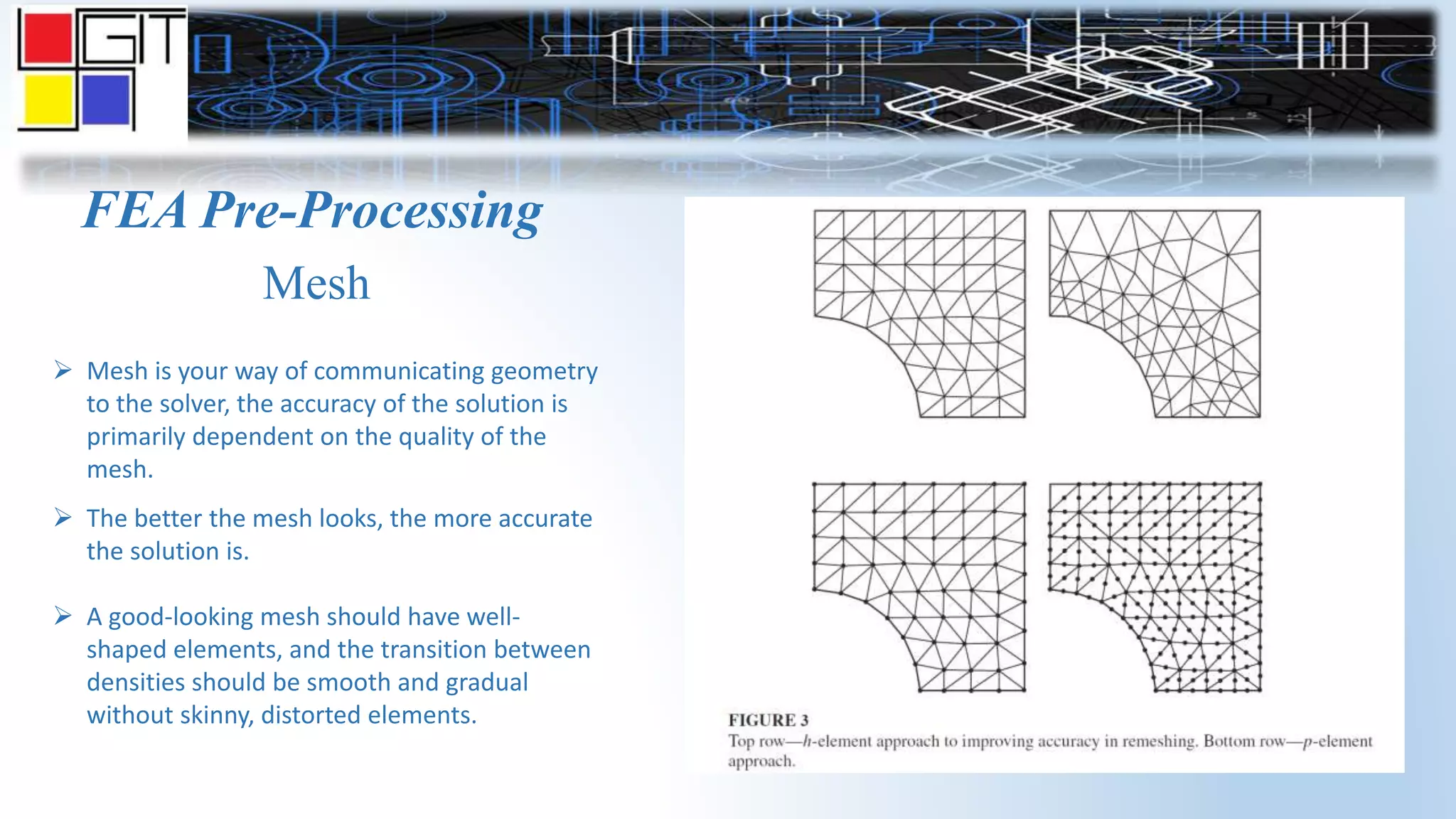 FEA Pre-Processing
 Mesh is your way of communicating geometry
to the solver, the accuracy of the solution is
primarily dependent on the quality of the
mesh.
 The better the mesh looks, the more accurate
the solution is.
 A good-looking mesh should have well-
shaped elements, and the transition between
densities should be smooth and gradual
without skinny, distorted elements.
Mesh
 