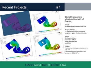 Recent Projects                              #7

                                                      Static Structural and
                                                      vibrational Analysis of
                                                      Bracket
                                                      Client
                                                      Service Providing company from USA

                                                      Scope of Work
                                                      To analyze the brackets considering
                                                      weight of 2 kg and vibrational Analysis

                                                      Inputs
                                                      3D Drawing of Valve
                                                      Material of All Parts
                                                      Material Model Type
                                                      Load Data

                                                      Output
                                                      The maximum displacement observed is
                                                      1.13 mm.
                                                      The maximum stress observed in the
                                                      structure is 128.16 MPa.




              Software Ansys | Team 1 | Duration 3 days
 