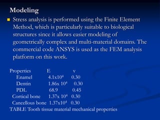 Modeling
 Stress analysis is performed using the Finite Element
Method, which is particularly suitable to biological
structures since it allows easier modeling of
geometrically complex and multi-material domains. The
commercial code ANSYS is used as the FEM analysis
platform on this work.
Properties E v
Enamel 4.1x104 0.30
Dentin 1.86x 104 0.30
PDL 68.9 0.45
Cortical bone 1.37x 104 0.30
Cancellous bone 1.37x104 0.30
TABLE Tooth tissue material mechanical properties
 